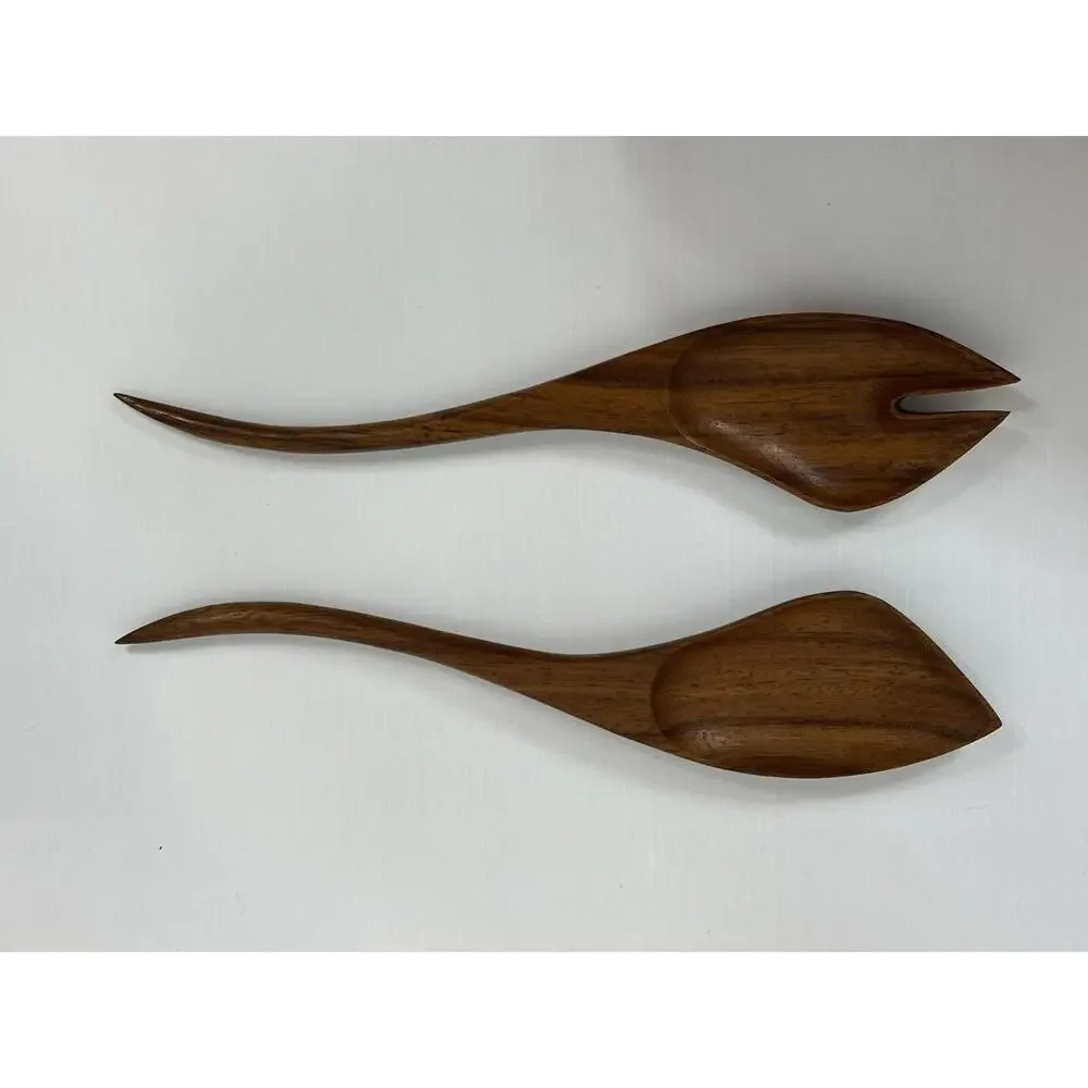 Vintage Wavy Oval Real Teak Wood Salad‎ Bowl Set Gorgeous Wood Grain 9 Niece